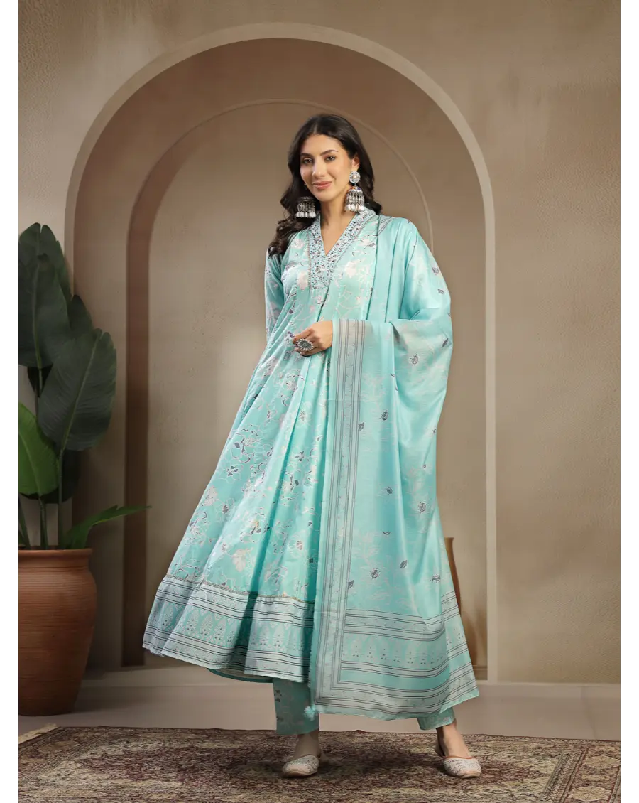 Women Turquoise Color Printed Cotton Fabric Anarkali Kurta Set