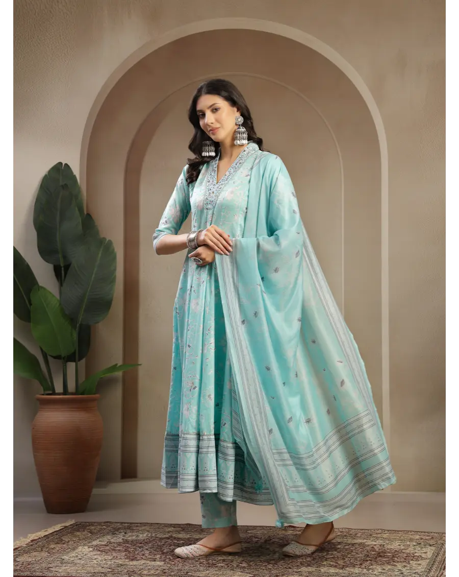 Women Turquoise Color Printed Cotton Fabric Anarkali Kurta Set