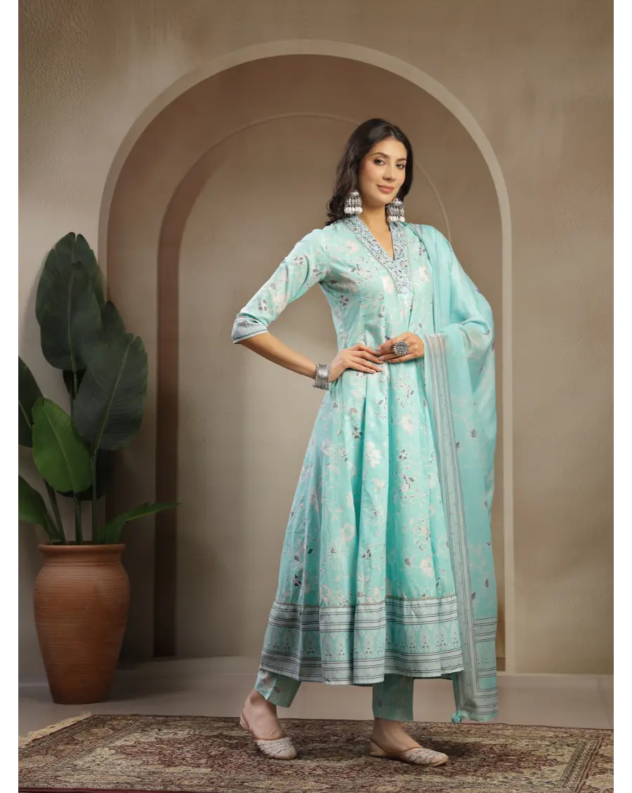 Women Turquoise Color Printed Cotton Fabric Anarkali Kurta Set
