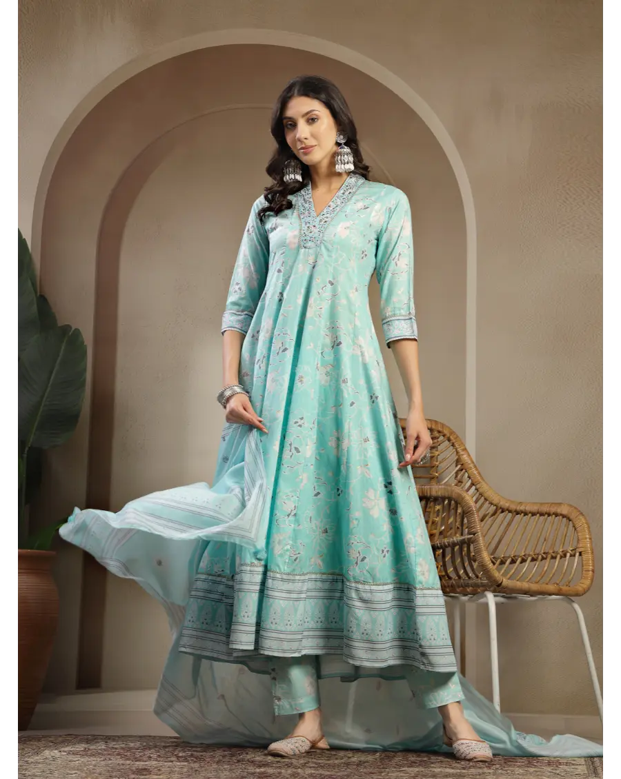 Women Turquoise Color Printed Cotton Fabric Anarkali Kurta Set