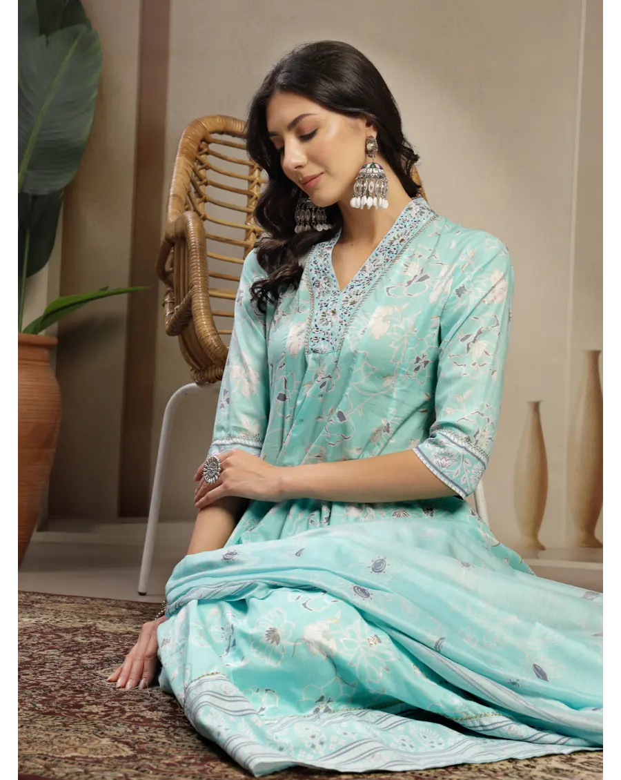 Women Turquoise Color Printed Cotton Fabric Anarkali Kurta Set