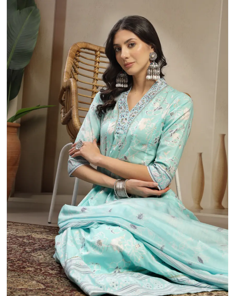 Women Turquoise Color Printed Cotton Fabric Anarkali Kurta Set