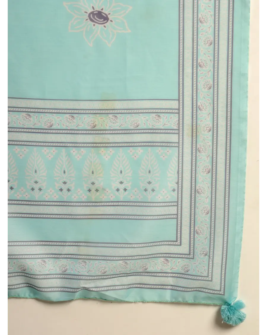 Women Turquoise Color Printed Cotton Fabric Anarkali Kurta Set