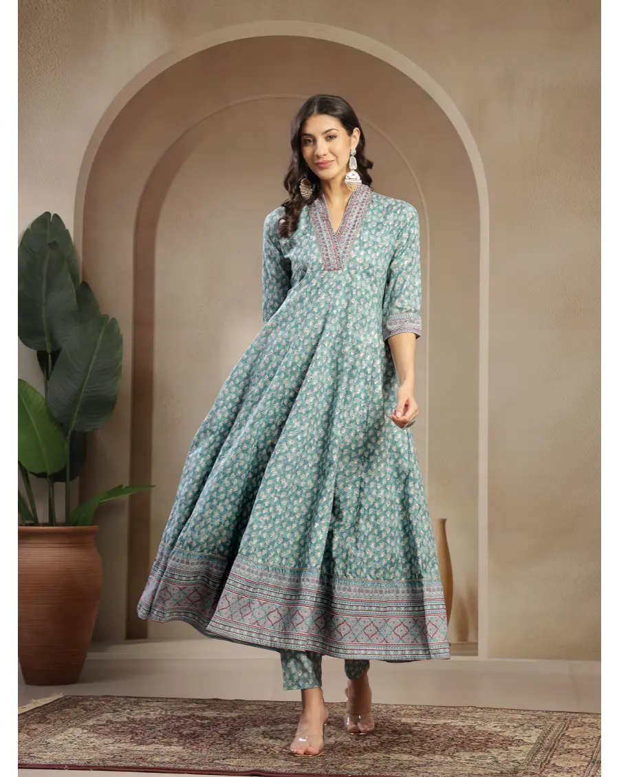 Women Green Printed Cotton Fabric Anarkali Kurta Set