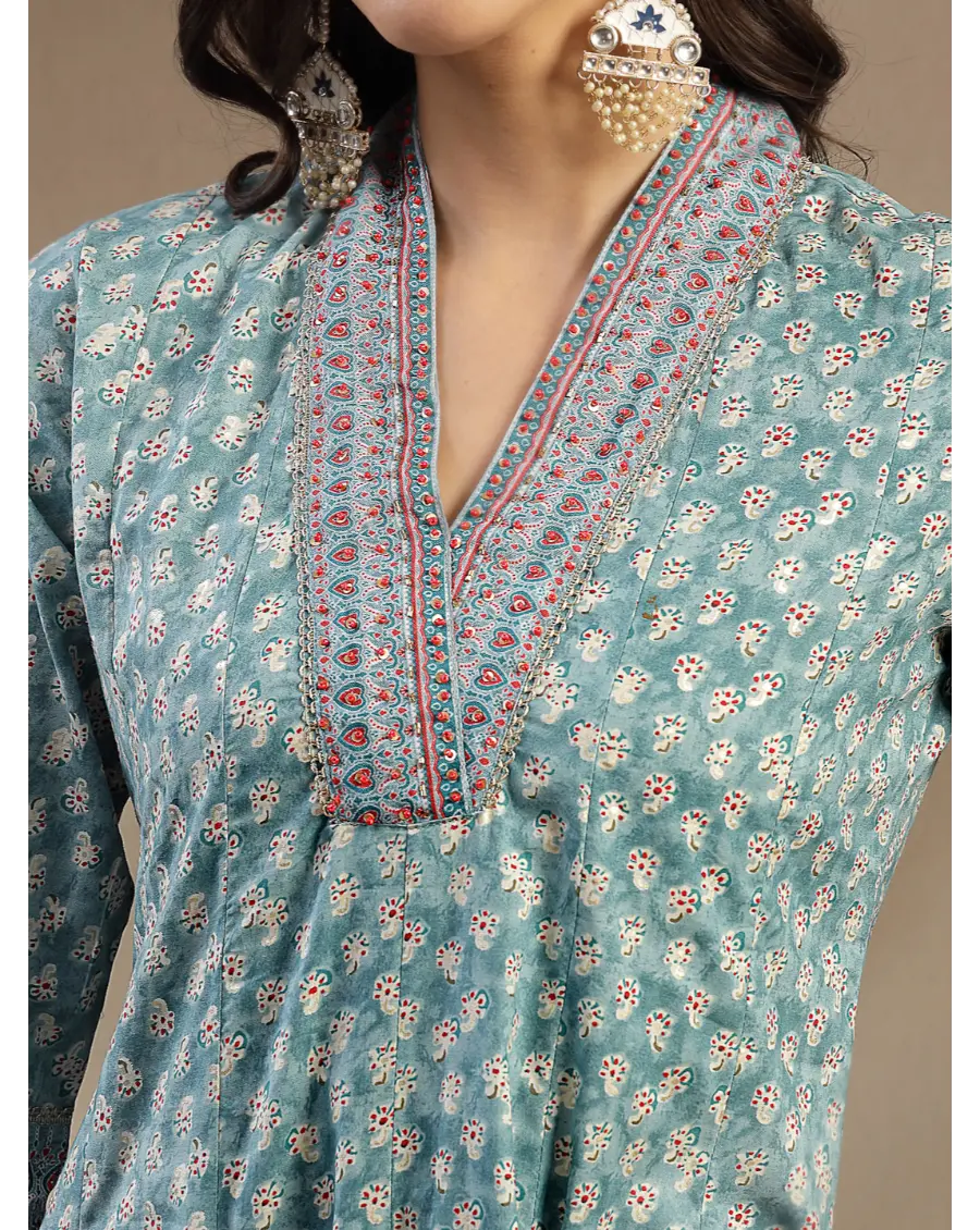 Women Green Printed Cotton Fabric Anarkali Kurta Set