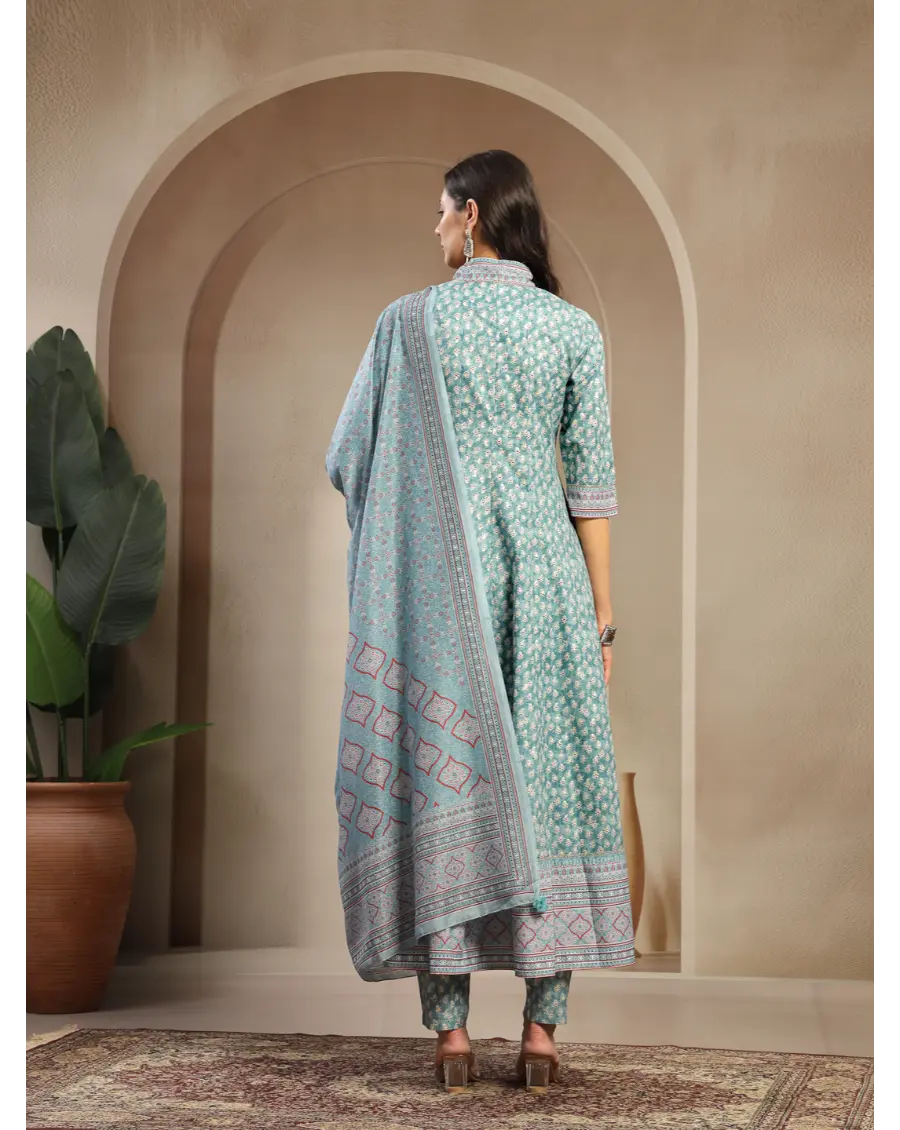 Women Green Printed Cotton Fabric Anarkali Kurta Set
