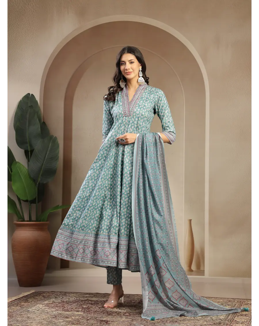 Women Green Printed Cotton Fabric Anarkali Kurta Set