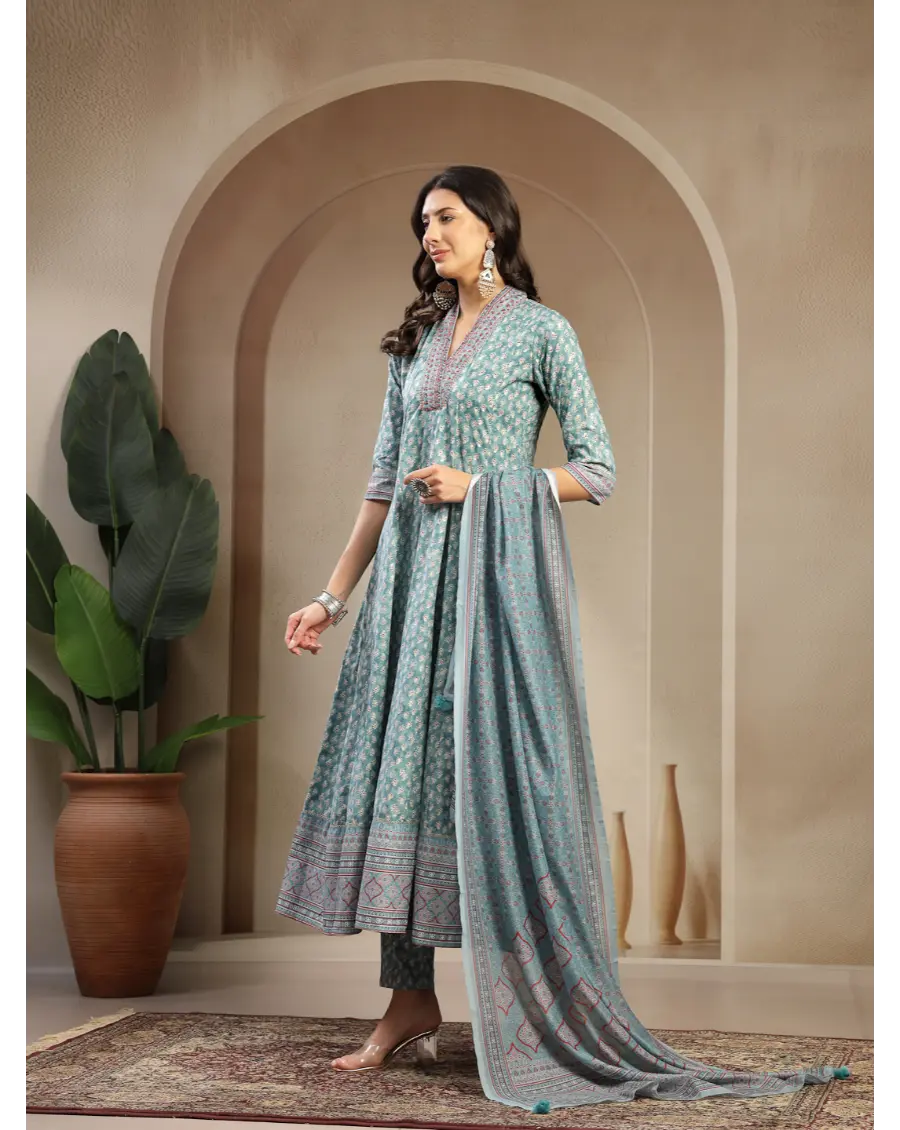 Women Green Printed Cotton Fabric Anarkali Kurta Set
