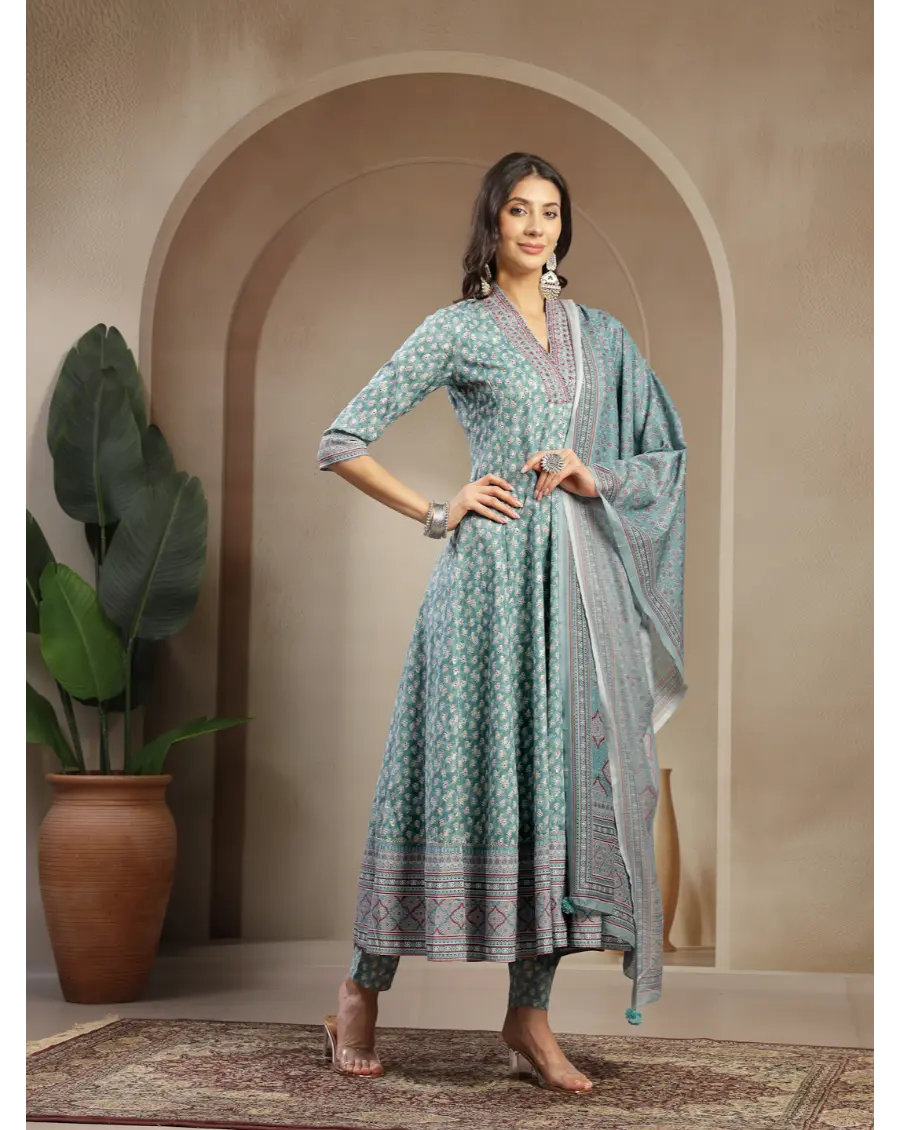 Women Green Printed Cotton Fabric Anarkali Kurta Set