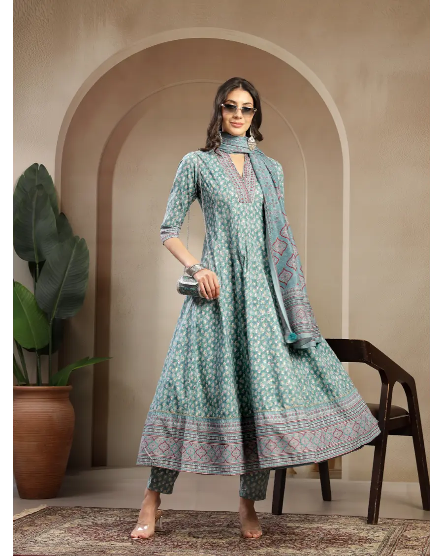 Women Green Printed Cotton Fabric Anarkali Kurta Set