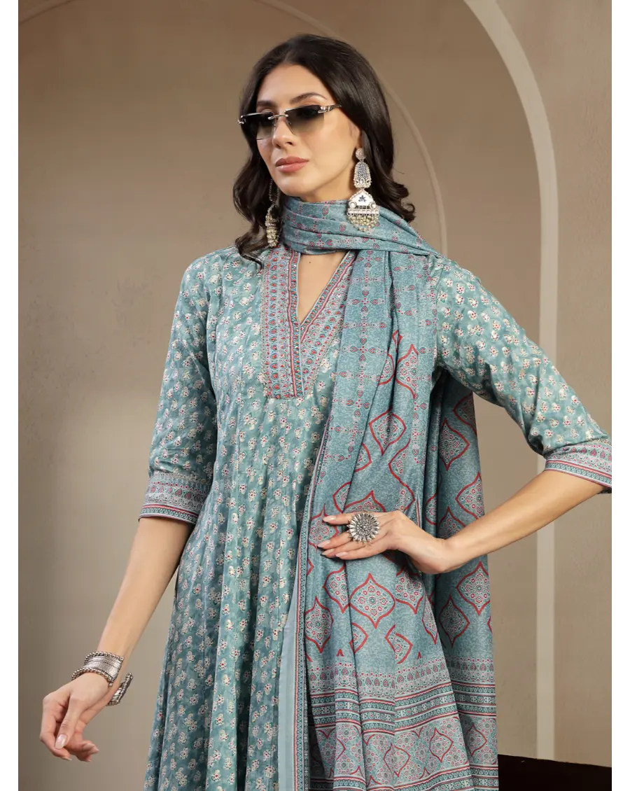 Women Green Printed Cotton Fabric Anarkali Kurta Set