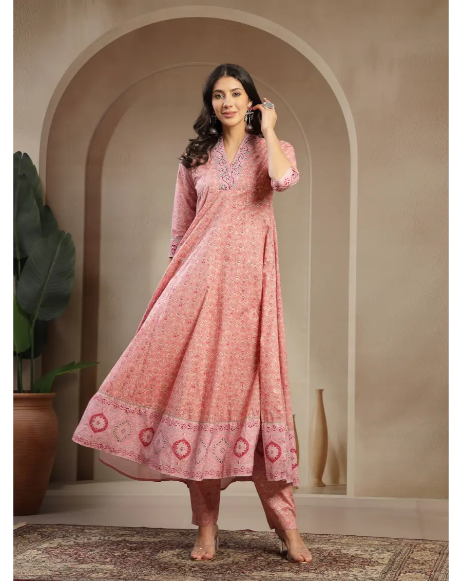 Women Peach  Printed Cotton Fabric Anarkali Kurta Set