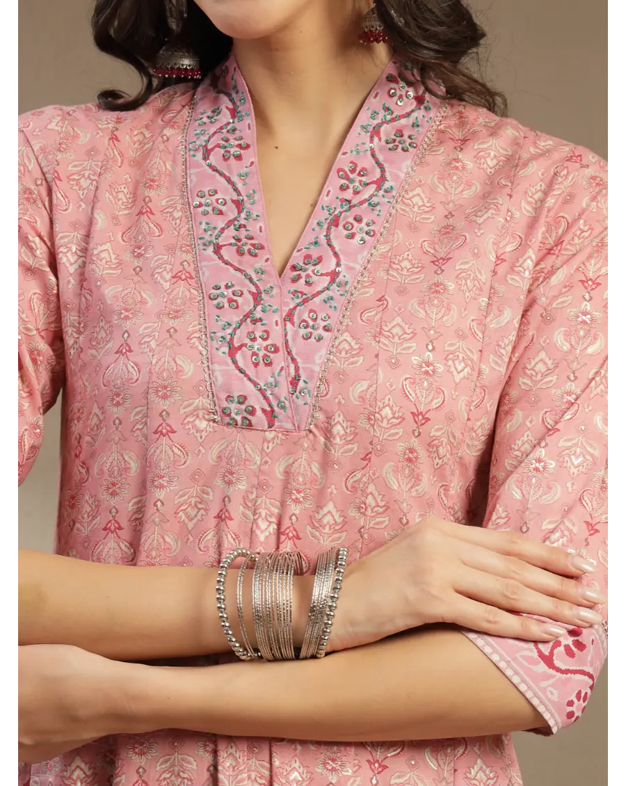 Women Peach  Printed Cotton Fabric Anarkali Kurta Set