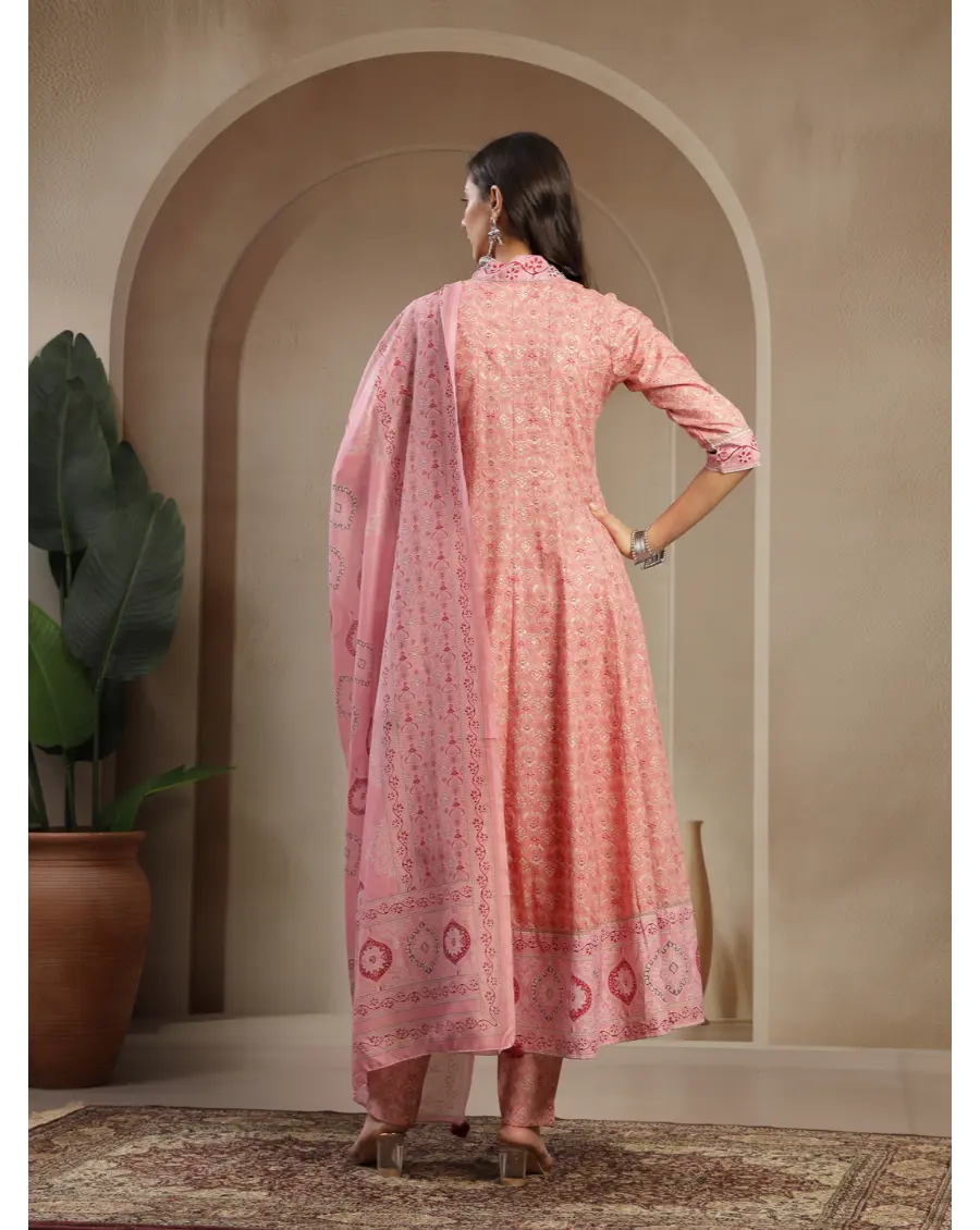 Women Peach  Printed Cotton Fabric Anarkali Kurta Set