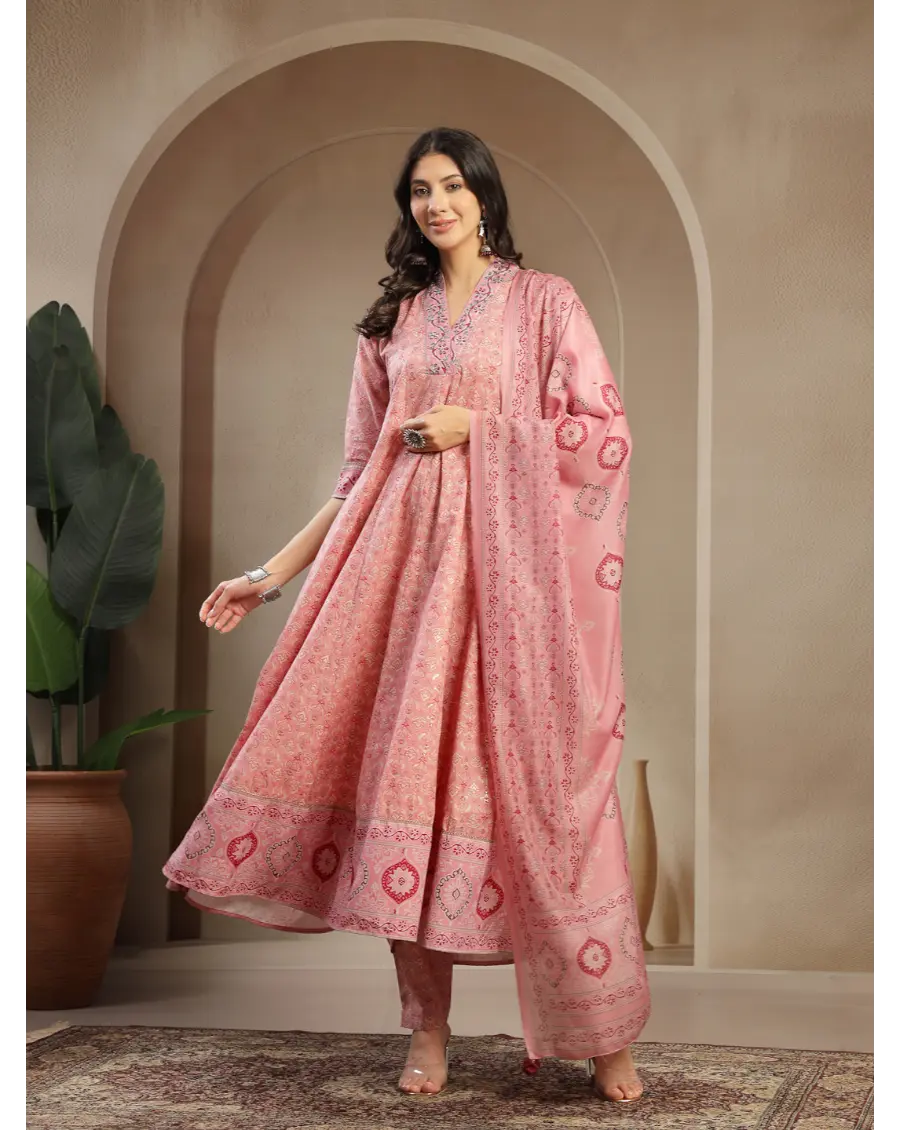 Women Peach  Printed Cotton Fabric Anarkali Kurta Set