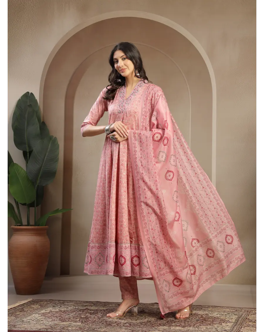 Women Peach  Printed Cotton Fabric Anarkali Kurta Set