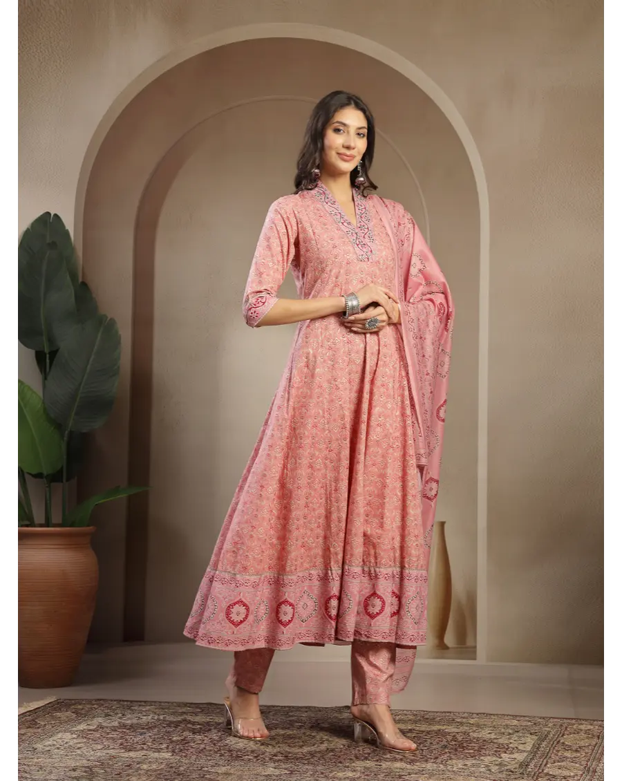 Women Peach  Printed Cotton Fabric Anarkali Kurta Set