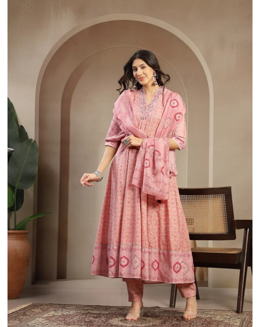 Women Peach  Printed Cotton Fabric Anarkali Kurta Set