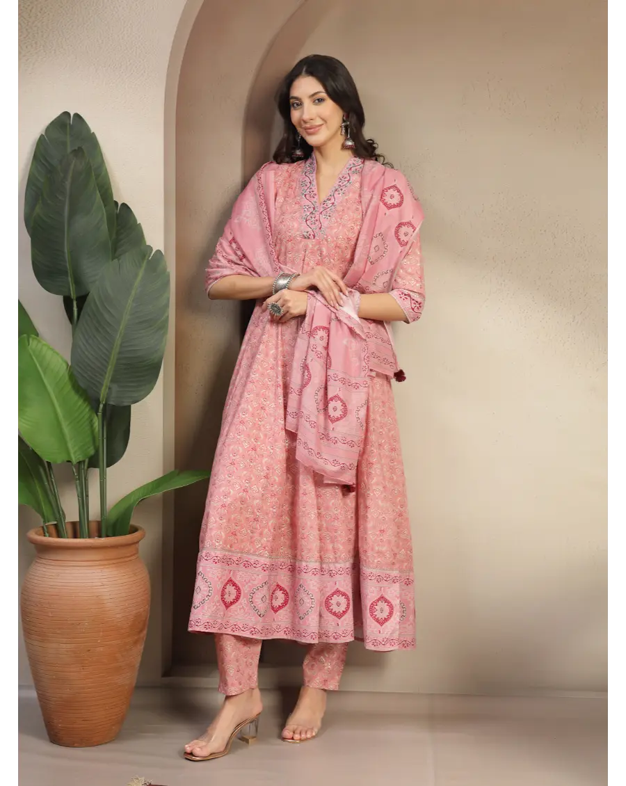 Women Peach  Printed Cotton Fabric Anarkali Kurta Set