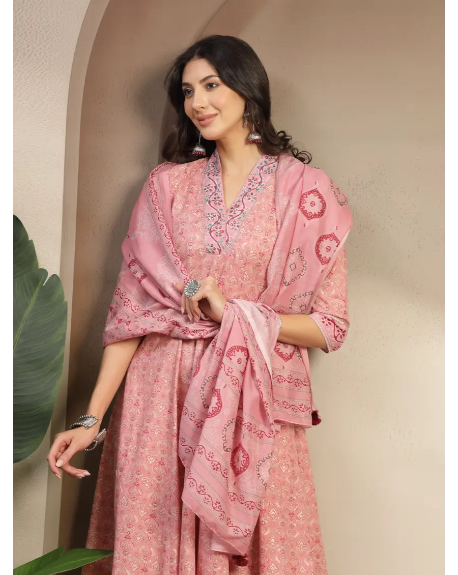 Women Peach  Printed Cotton Fabric Anarkali Kurta Set