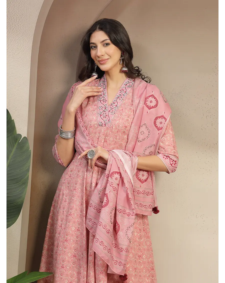 Women Peach  Printed Cotton Fabric Anarkali Kurta Set