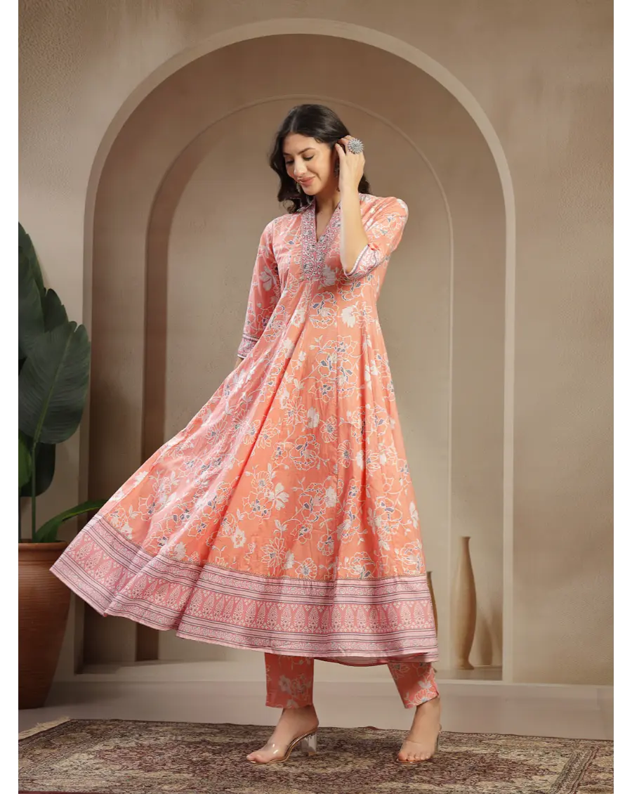 Women Orange Color Printed Cotton Fabric Anarkali Kurta Set