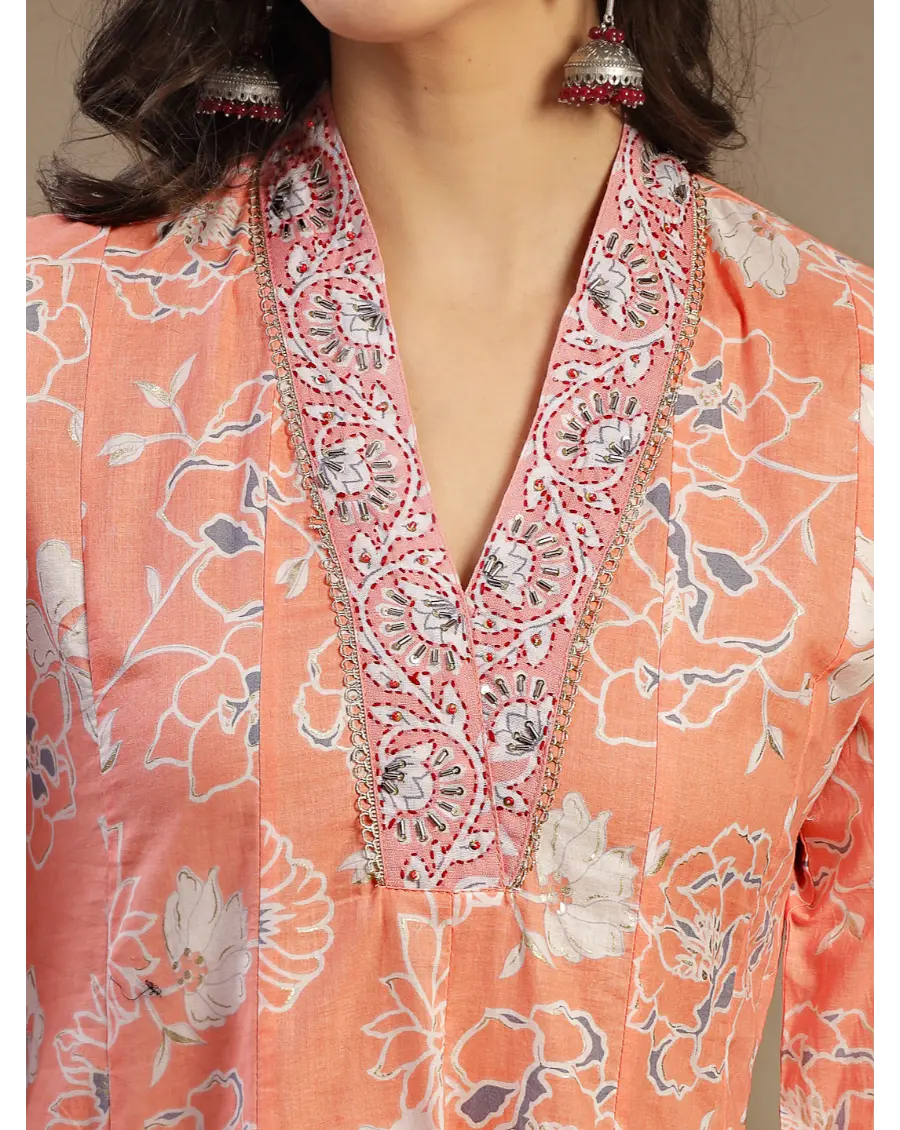 Women Orange Color Printed Cotton Fabric Anarkali Kurta Set