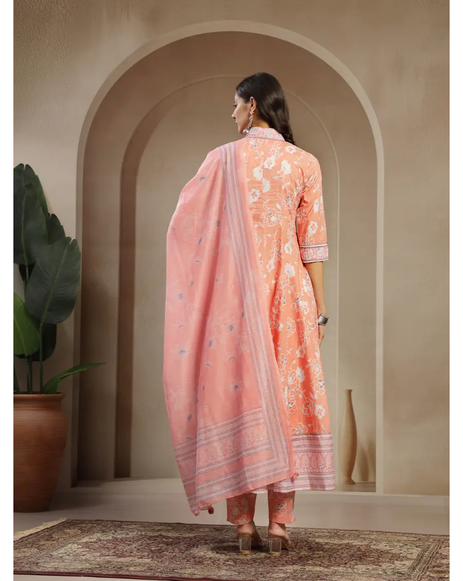 Women Orange Color Printed Cotton Fabric Anarkali Kurta Set