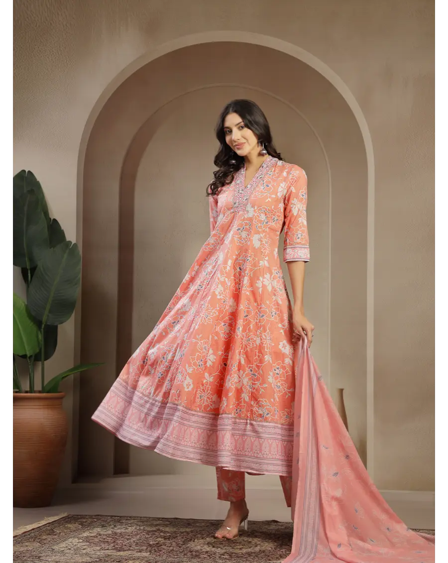 Women Orange Color Printed Cotton Fabric Anarkali Kurta Set