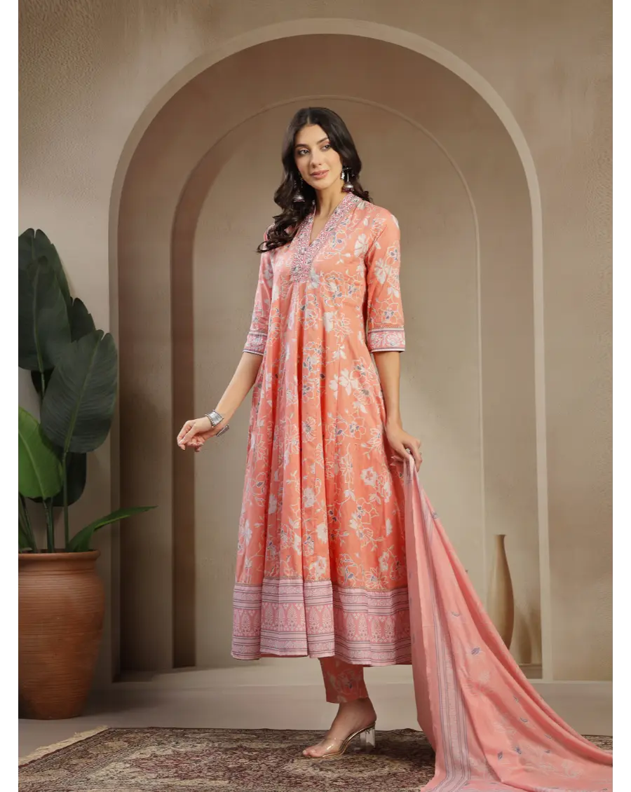 Women Orange Color Printed Cotton Fabric Anarkali Kurta Set