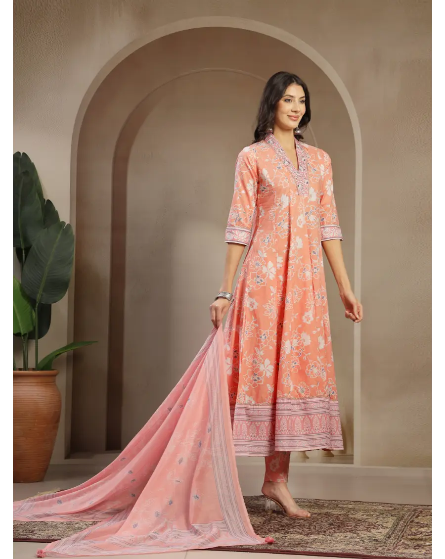 Women Orange Color Printed Cotton Fabric Anarkali Kurta Set