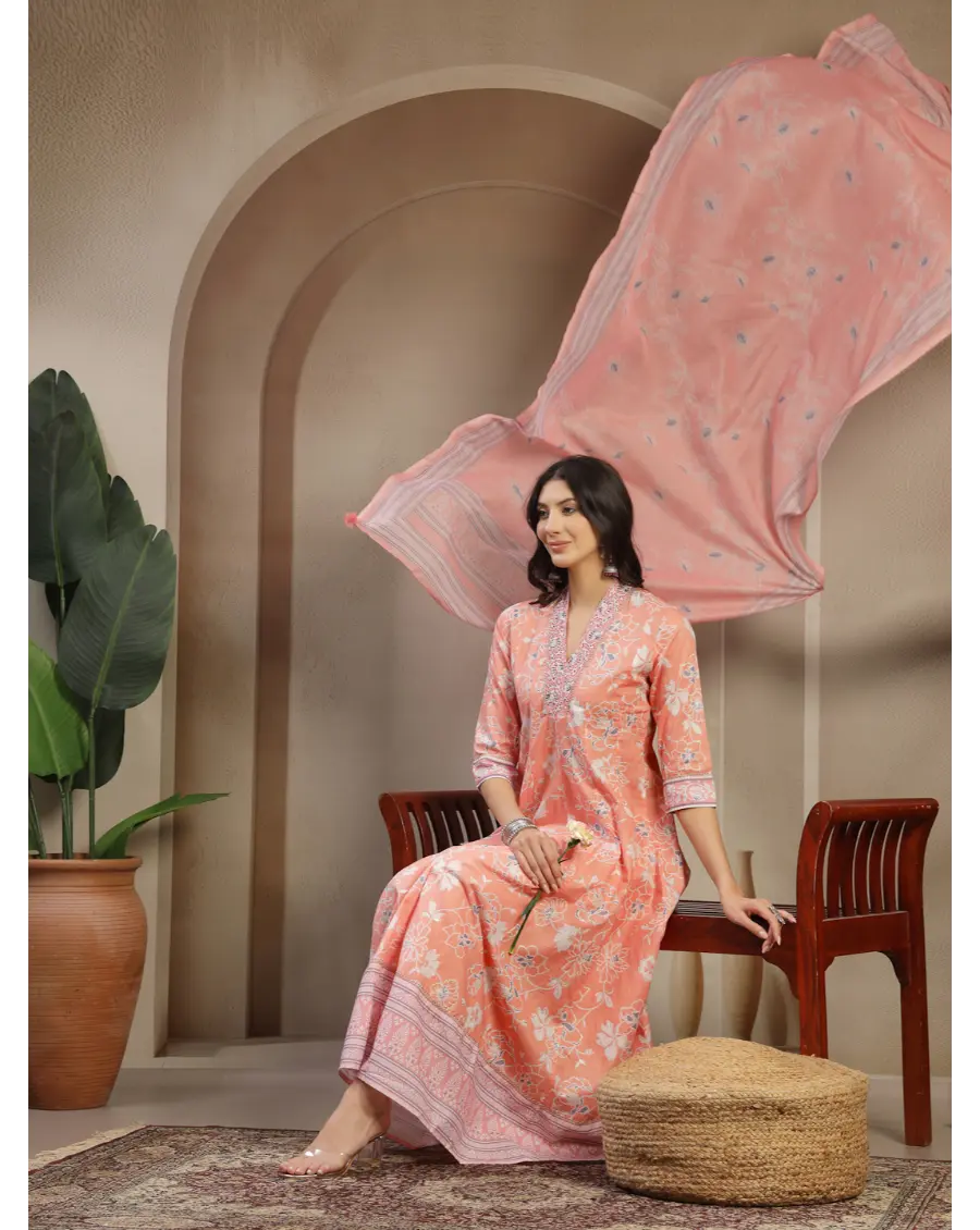 Women Orange Color Printed Cotton Fabric Anarkali Kurta Set