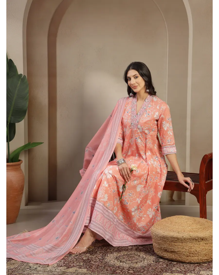 Women Orange Color Printed Cotton Fabric Anarkali Kurta Set