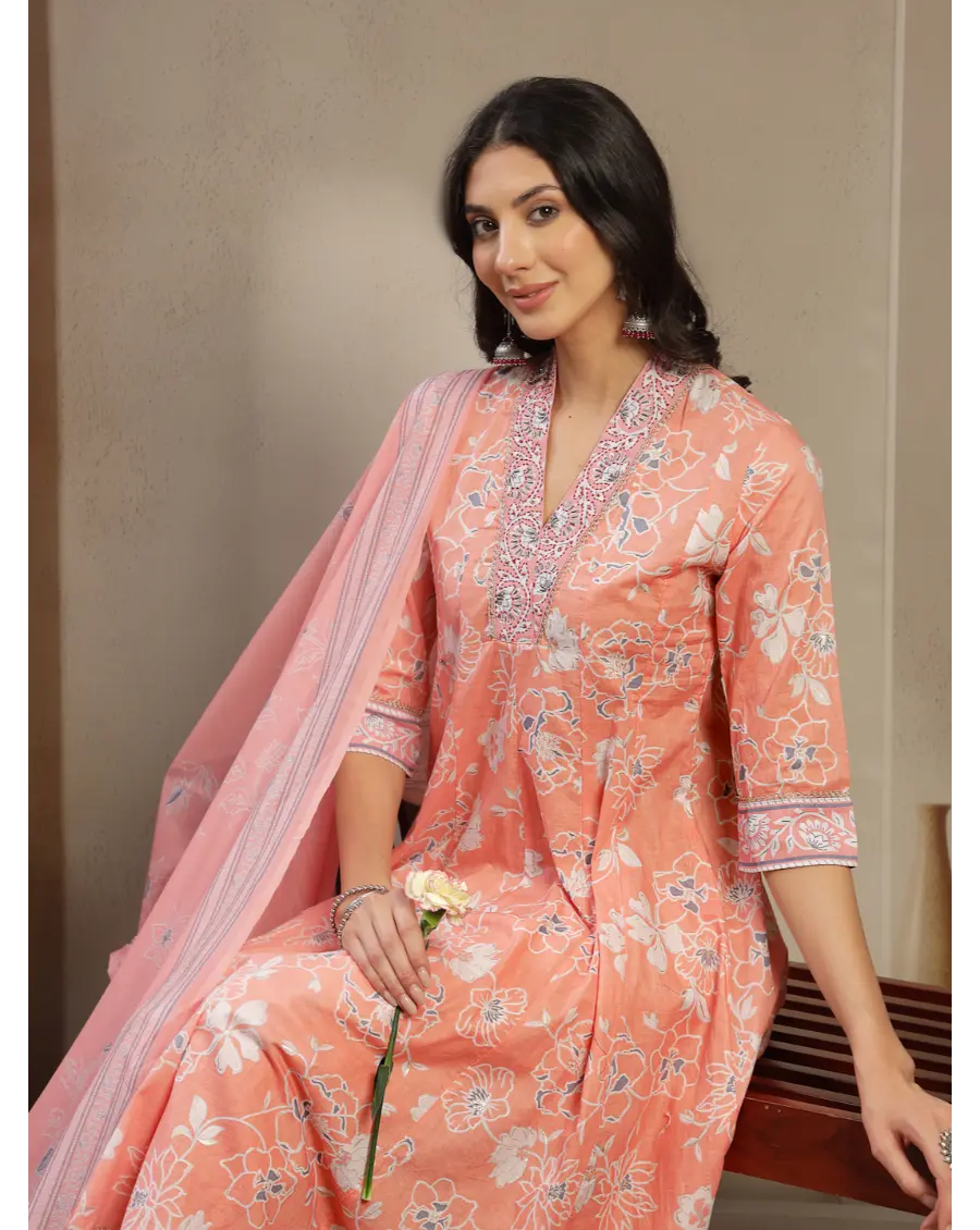 Women Orange Color Printed Cotton Fabric Anarkali Kurta Set