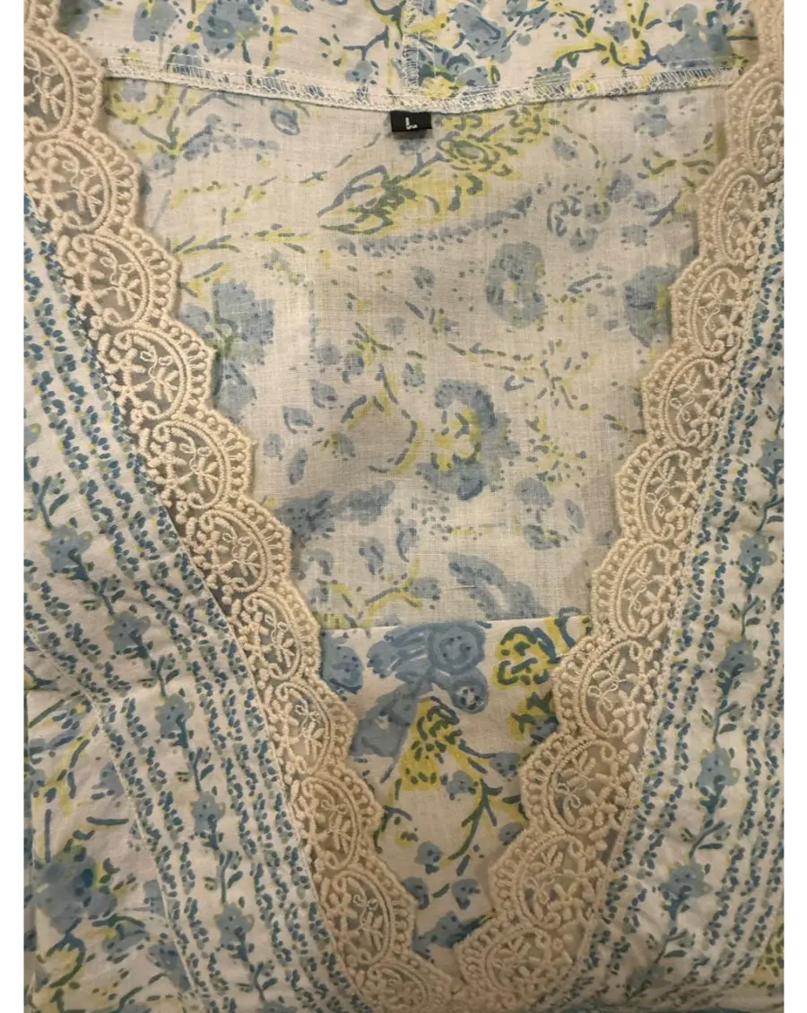 Women Cream Blue Sanganeri  Anarkali Cotton Suit