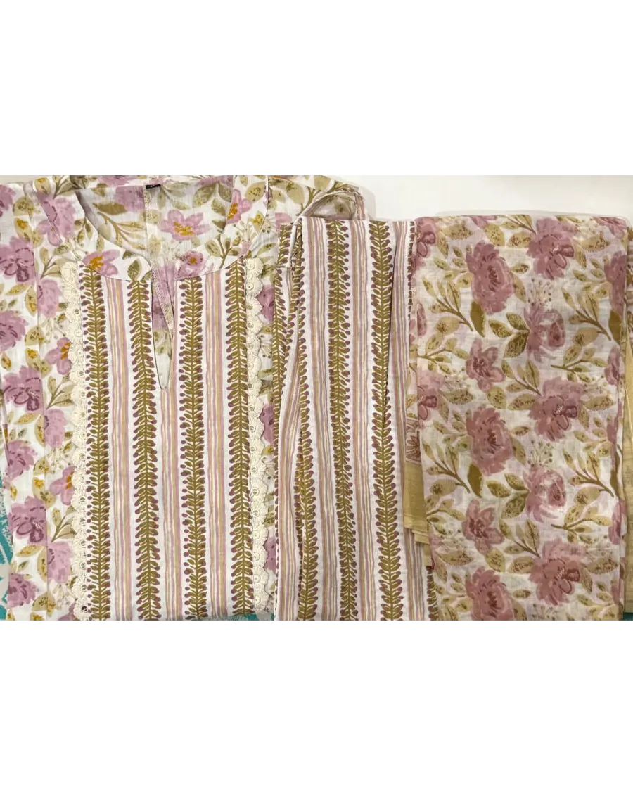 Women Pink Beige Cotton Sanganeri print suit