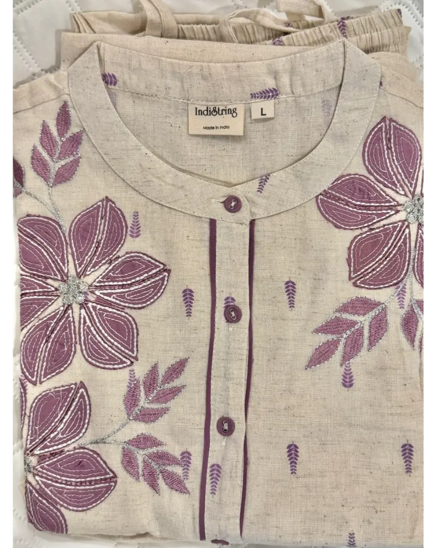 Women Off White-Purple Floral Embroidery Cotton Co-ords Set