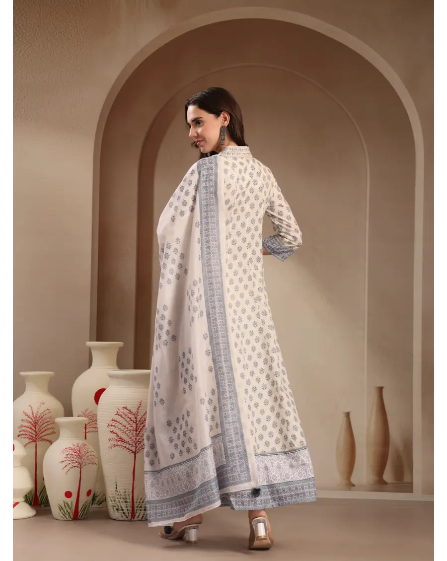 Women Cream Color Printed Cotton Fabric Anarkali Kurta Set