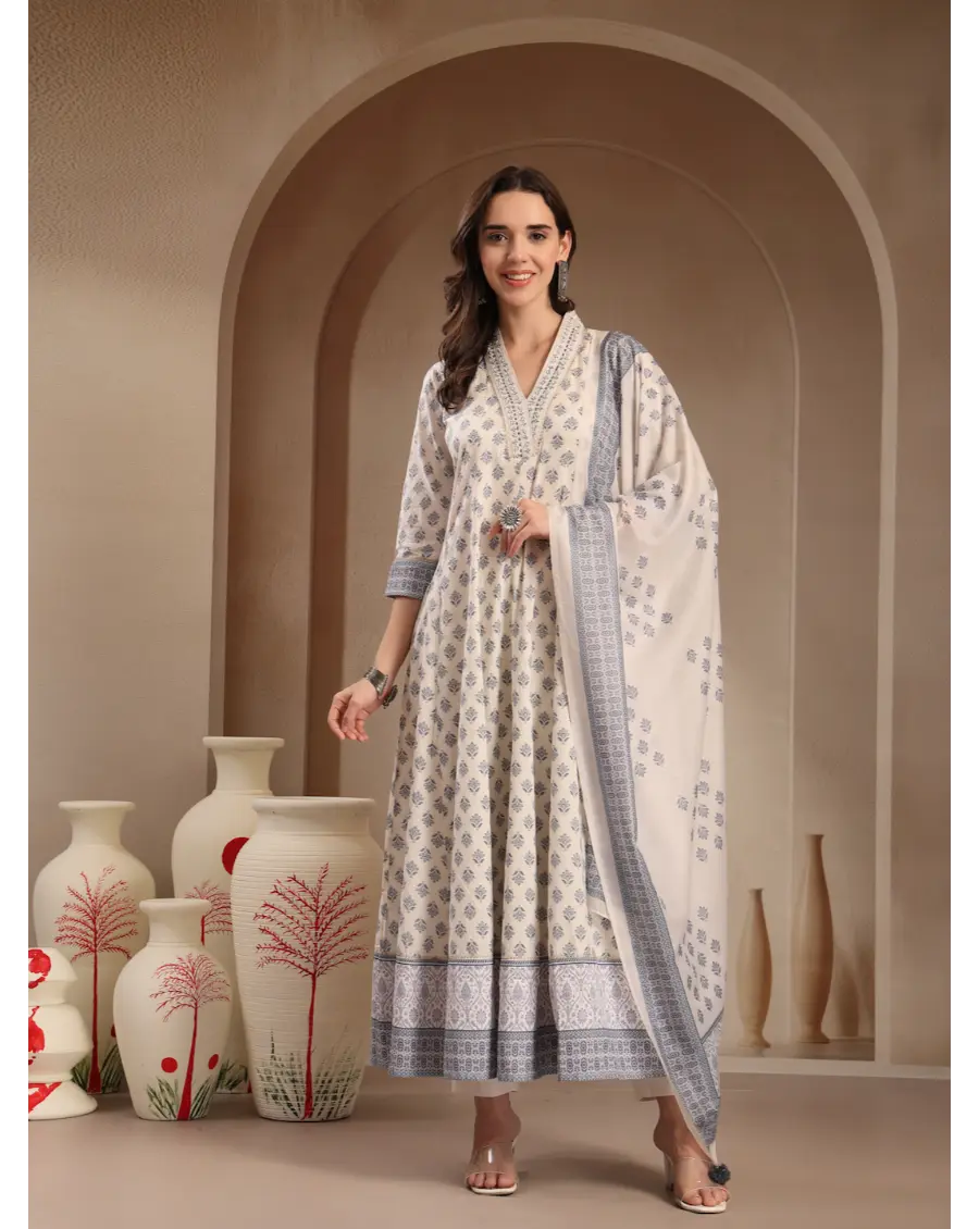 Women Cream Color Printed Cotton Fabric Anarkali Kurta Set