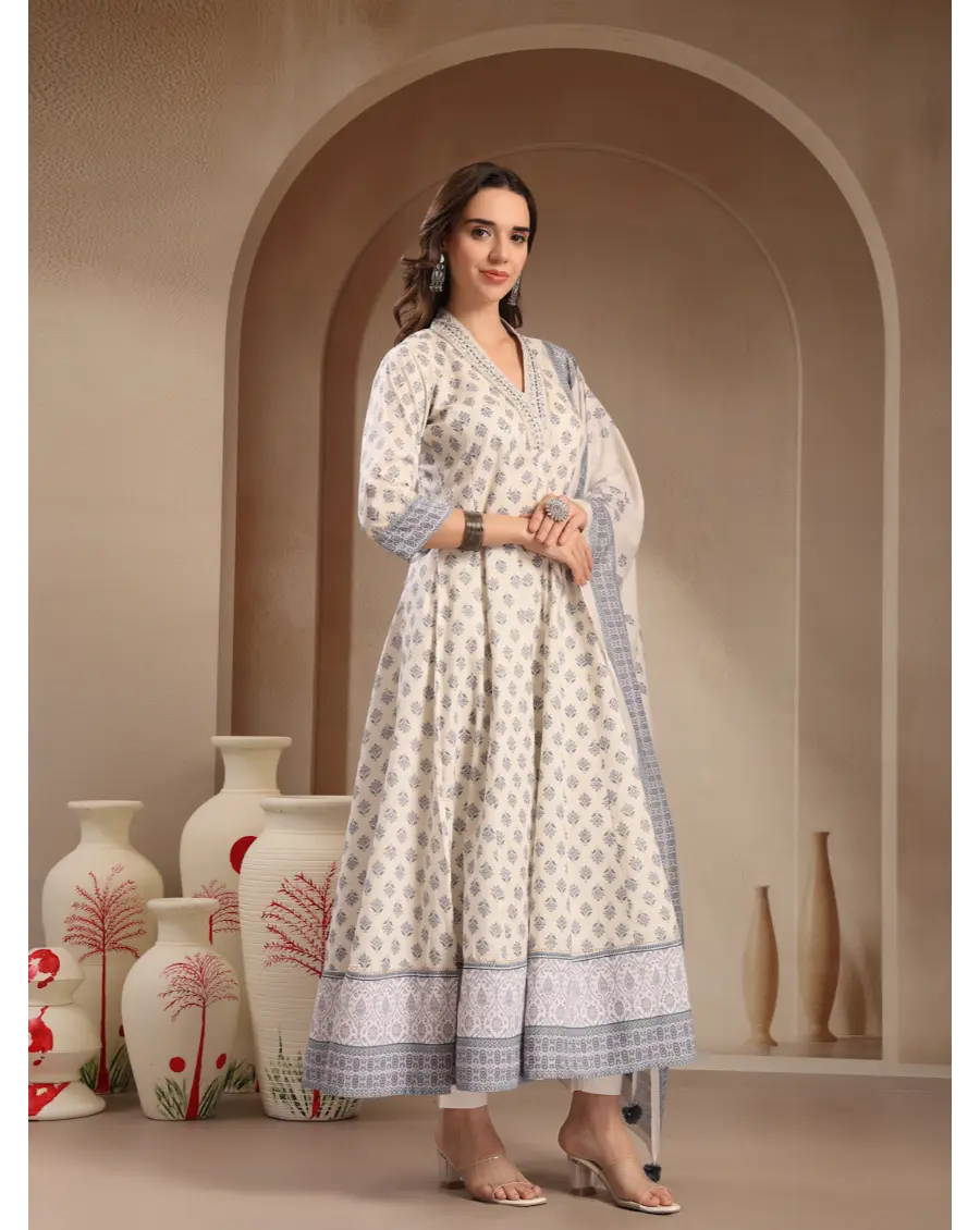 Women Cream Color Printed Cotton Fabric Anarkali Kurta Set