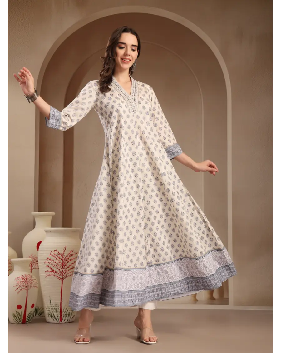 Women Cream Color Printed Cotton Fabric Anarkali Kurta Set