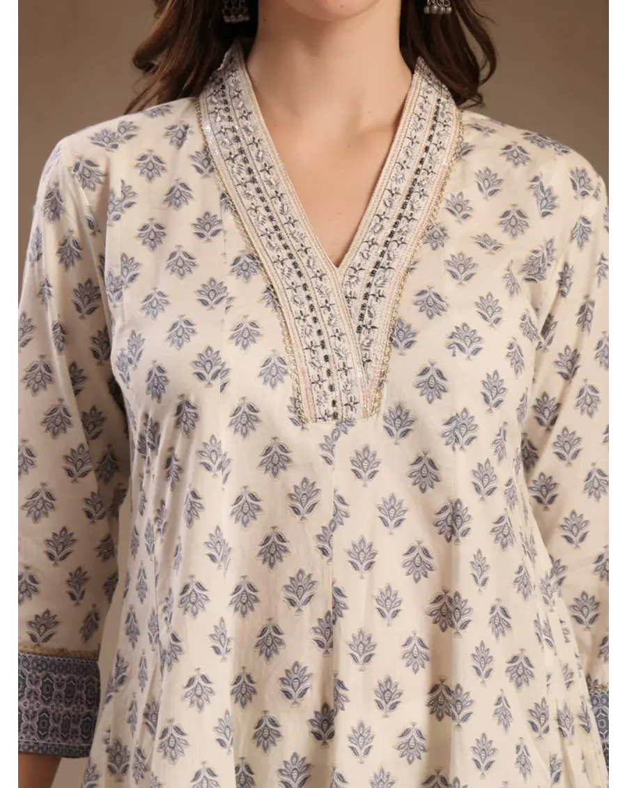 Women Cream Color Printed Cotton Fabric Anarkali Kurta Set