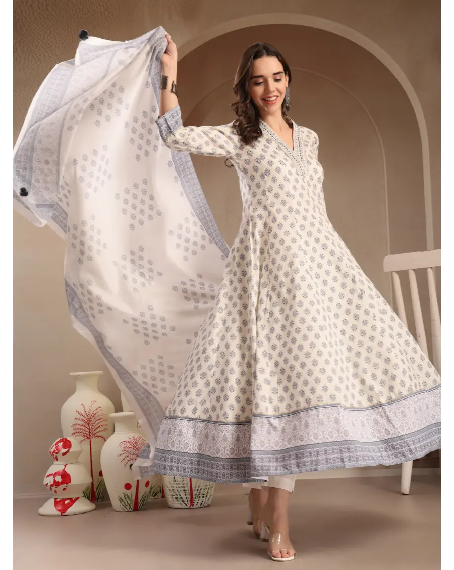 Women Cream Color Printed Cotton Fabric Anarkali Kurta Set
