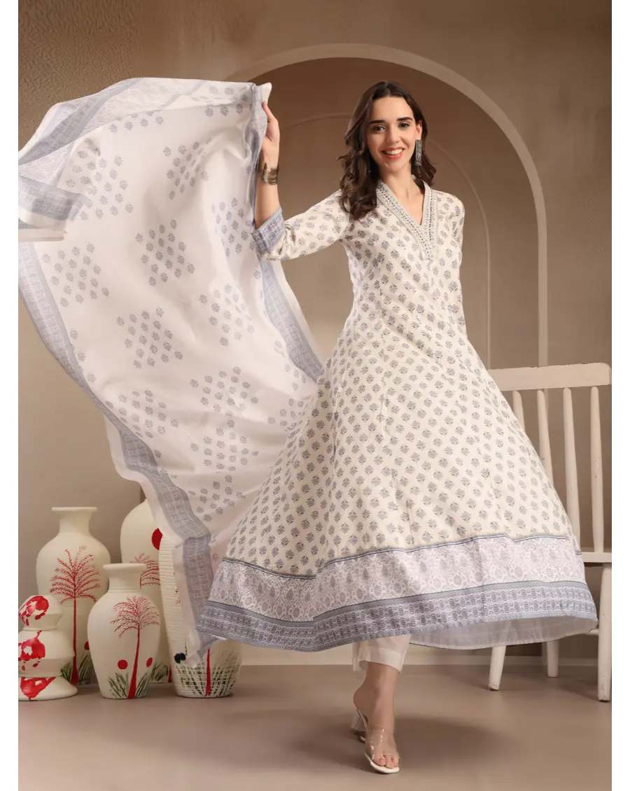 Women Cream Color Printed Cotton Fabric Anarkali Kurta Set