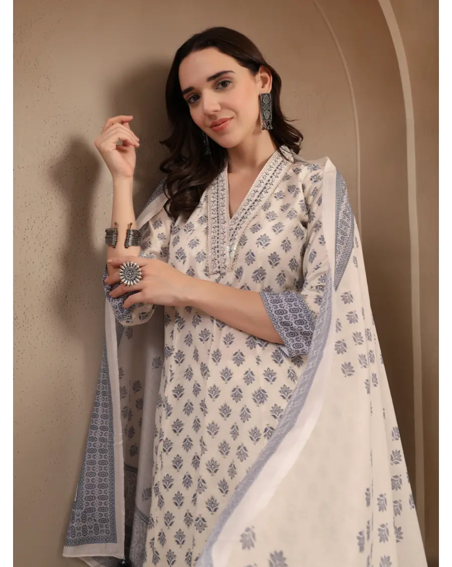 Women Cream Color Printed Cotton Fabric Anarkali Kurta Set