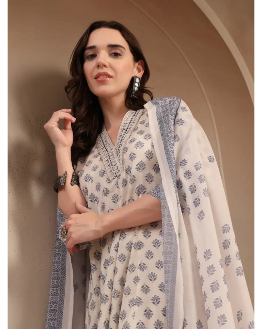 Women Cream Color Printed Cotton Fabric Anarkali Kurta Set
