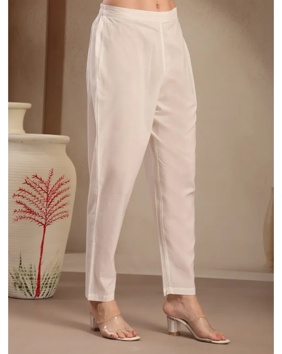 Women Cream Printed Cotton Fabric Anarkali Kurta Set