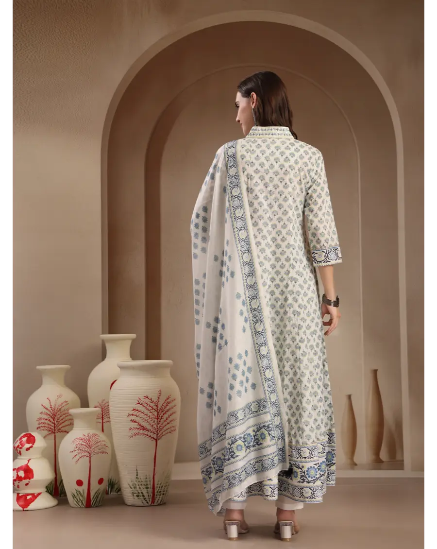 Women Cream Printed Cotton Fabric Anarkali Kurta Set
