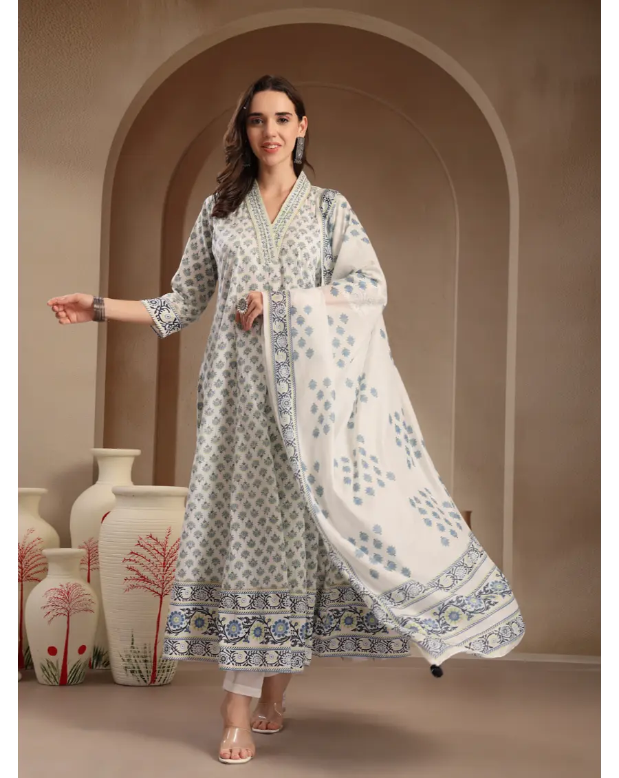 Women Cream Printed Cotton Fabric Anarkali Kurta Set