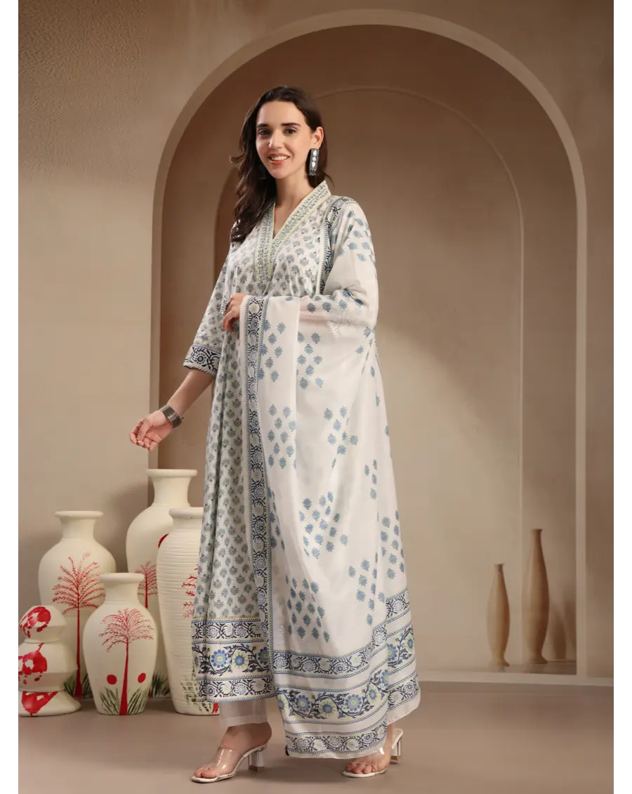 Women Cream Printed Cotton Fabric Anarkali Kurta Set